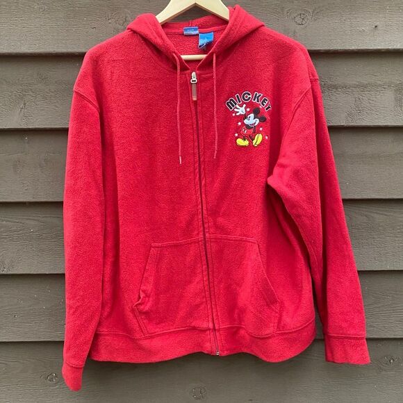 Disney Mickey Mouse Size Large L Hoodie Fleece Full Zip Jacket Red - Picture 1 of 8